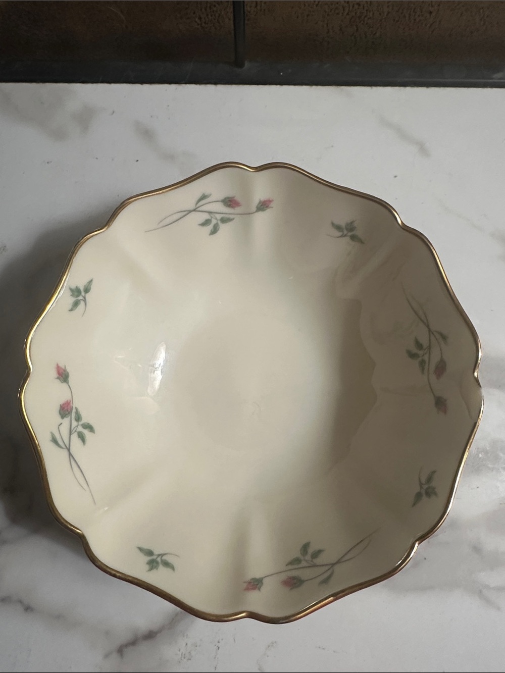 Lennox Cream Porcelain Bowl with Pink Rose Motif and Gilded Edge